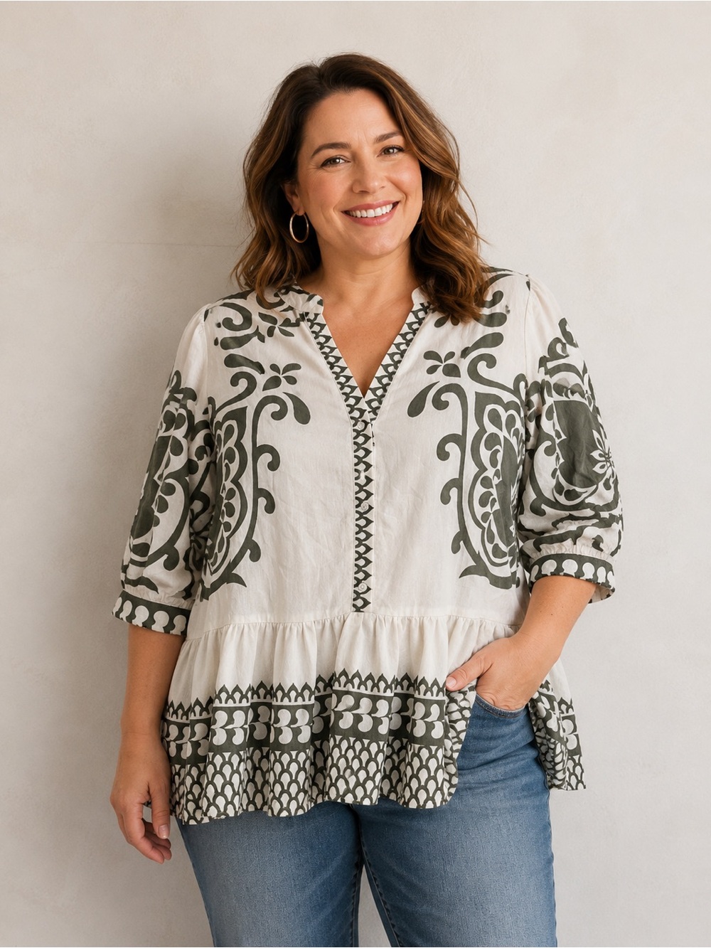 UMGEE Scroll Print Popover Peplum Blouse Boho Tunic Top Sz XL Cream Sage - Picture 10 of 10